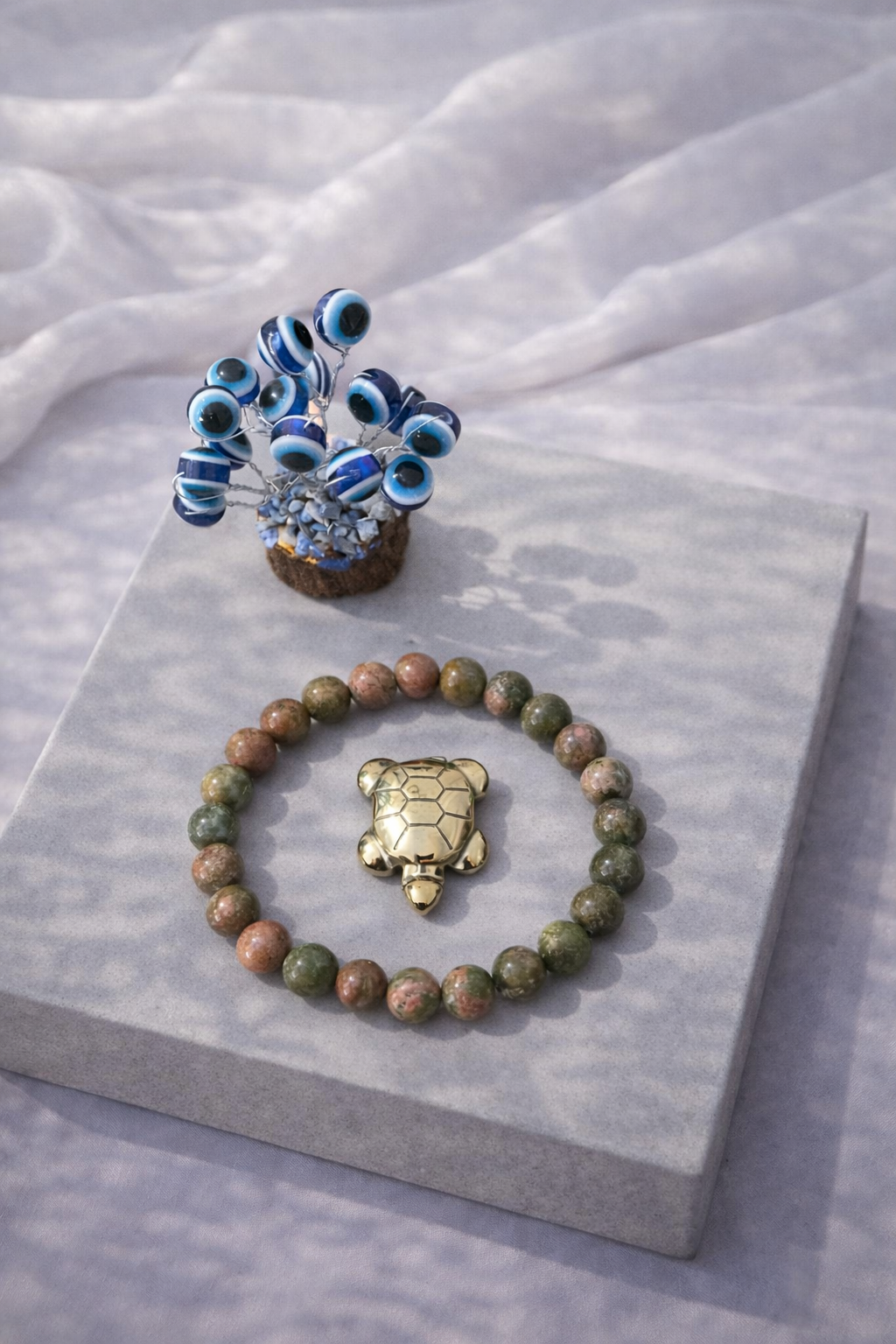 Unakite Healing Combo Unisex Bracelet with Evil Eye Plant & Pyrite Tortoise 