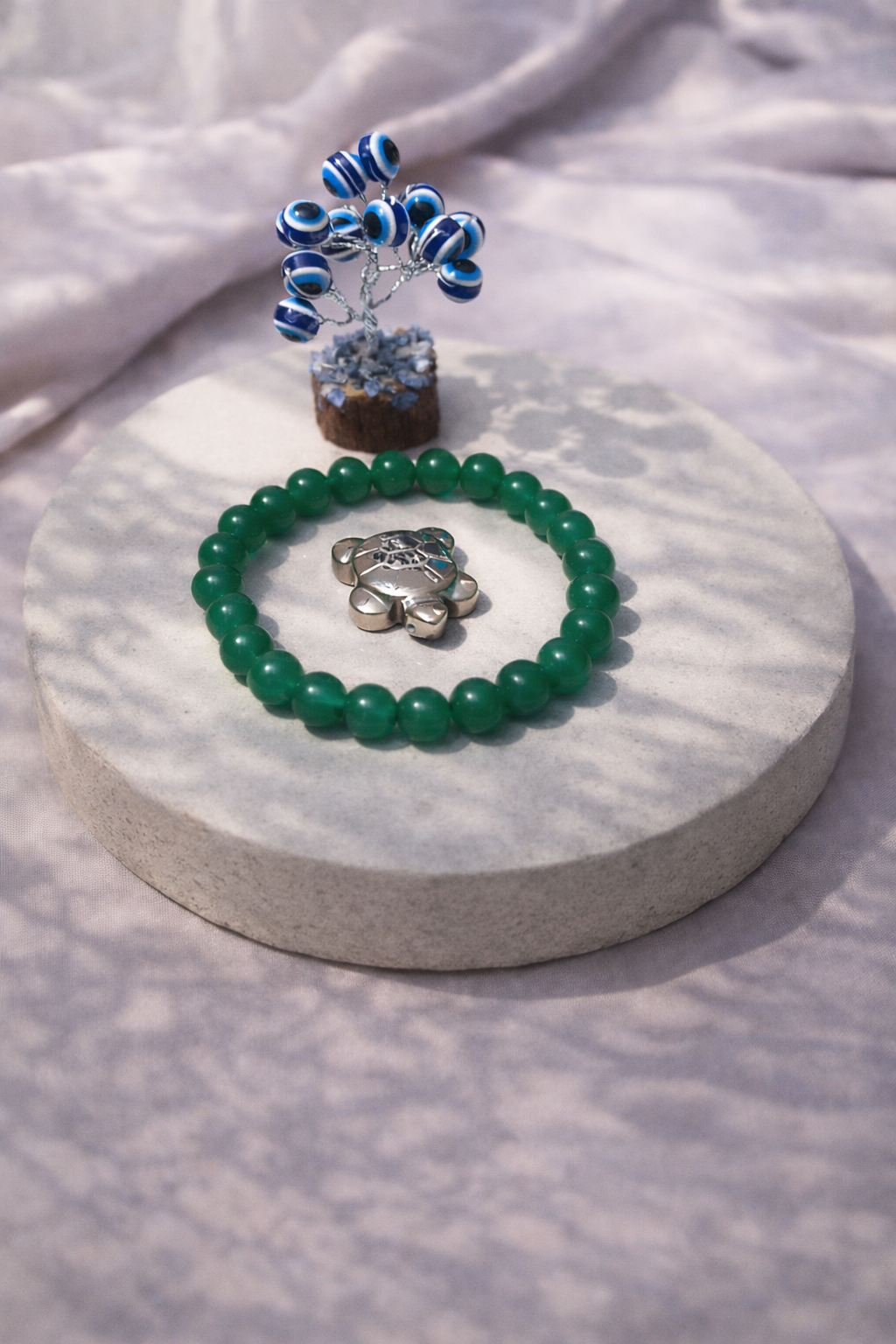 Green Aventurine Luck Bracelet with Evil Eye Plant & Pyrite Tortoise | Certificate of Authenticity of Bracelet also included |
