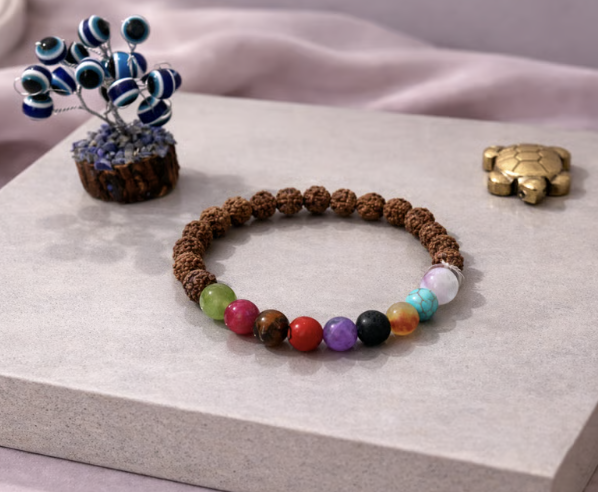 9 Chakra Energy Balance Bracelet with Evil Eye Plant & Pyrite Tortoise | Certificate of Authenticity of Bracelet also included |