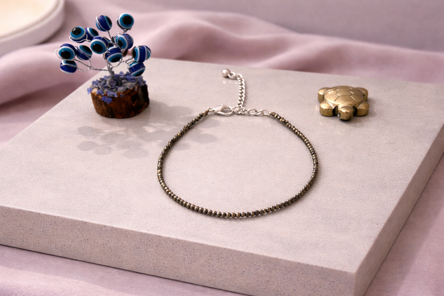 Pyrite Wealth Anklet with Evil Eye Plant & Pyrite Tortoise | Certificate of Authenticity of Anklet also included |