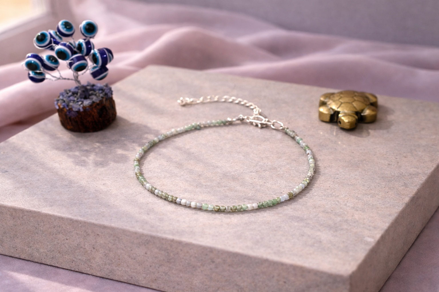 Green Jade Prosperity Anklet with Evil Eye Plant & Pyrite Tortoise | Certificate of Authenticity of Anklet also included |