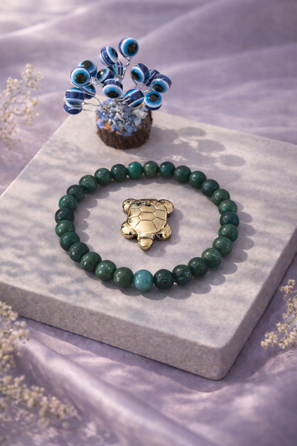Moss Agate Growth Combo Unisex Bracelet with Evil Eye Plant & Pyrite Tortoise 