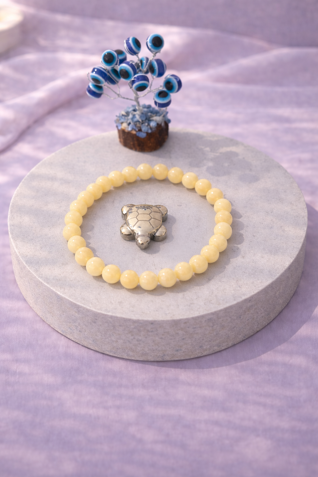 Yellow Calcite Positivity Combo Unisex Bracelet with Evil Eye Plant & Pyrite Tortoise 