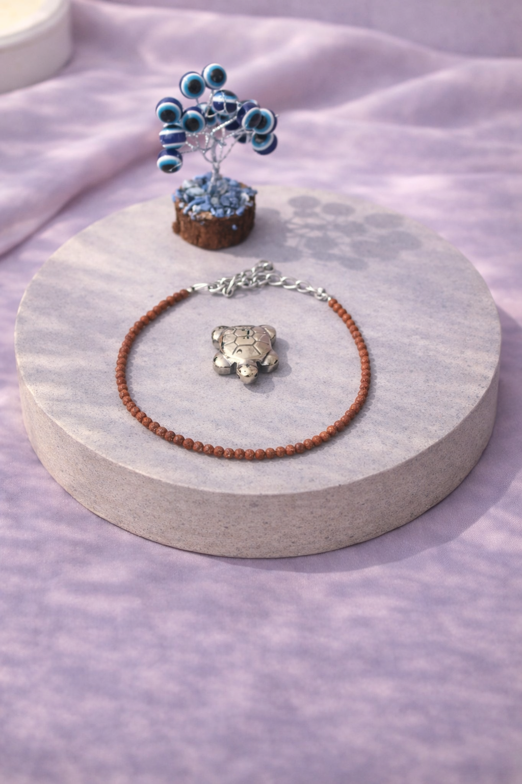 Red Goldstone Energy Anklet Combo with Evil Eye Plant & Pyrite Tortoise 