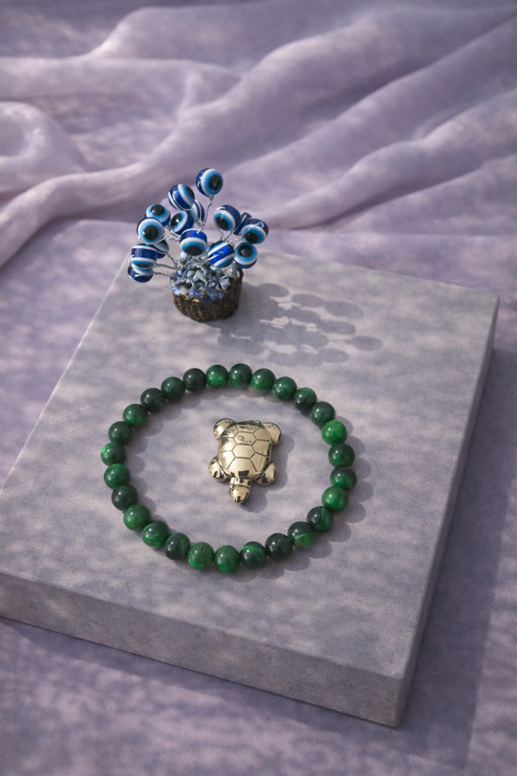 Green Tiger Eye Focus Combo Unisex Bracelet with Evil Eye Plant & Pyrite Tortoise 