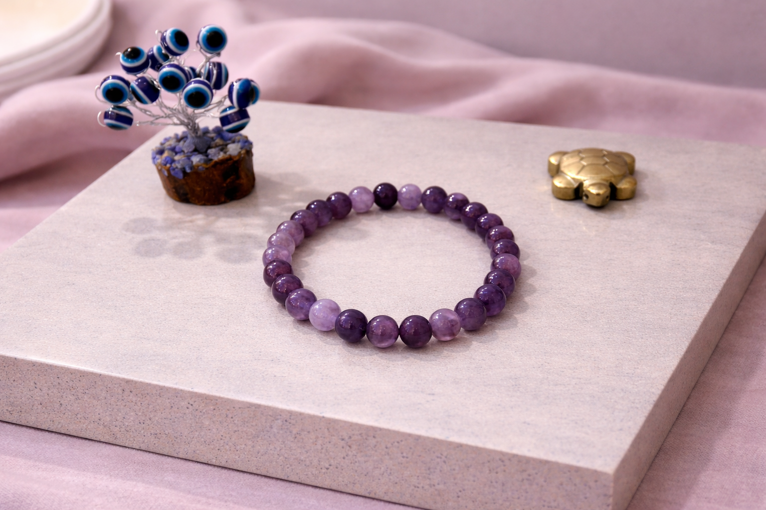 Amethyst Peace Bracelet with Evil Eye Plant & Pyrite Tortoise | Certificate of Authenticity of Bracelet also included |