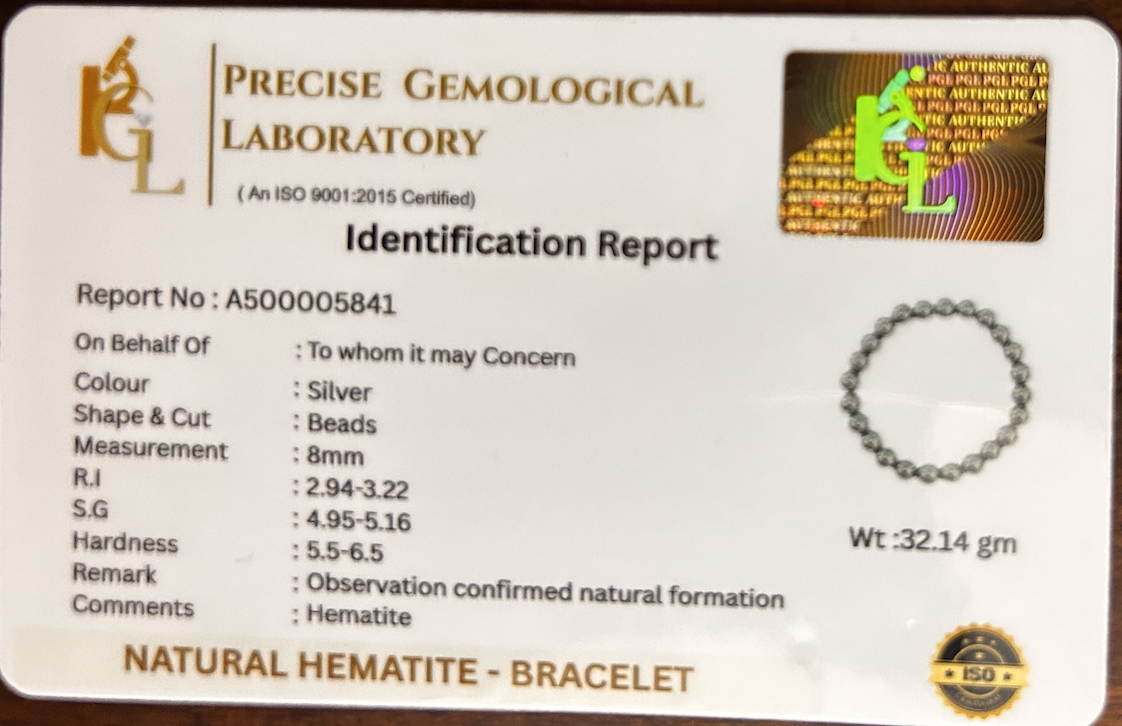 Hematite Grounding Bracelet | Certificate of Authenticity of Bracelet also included |