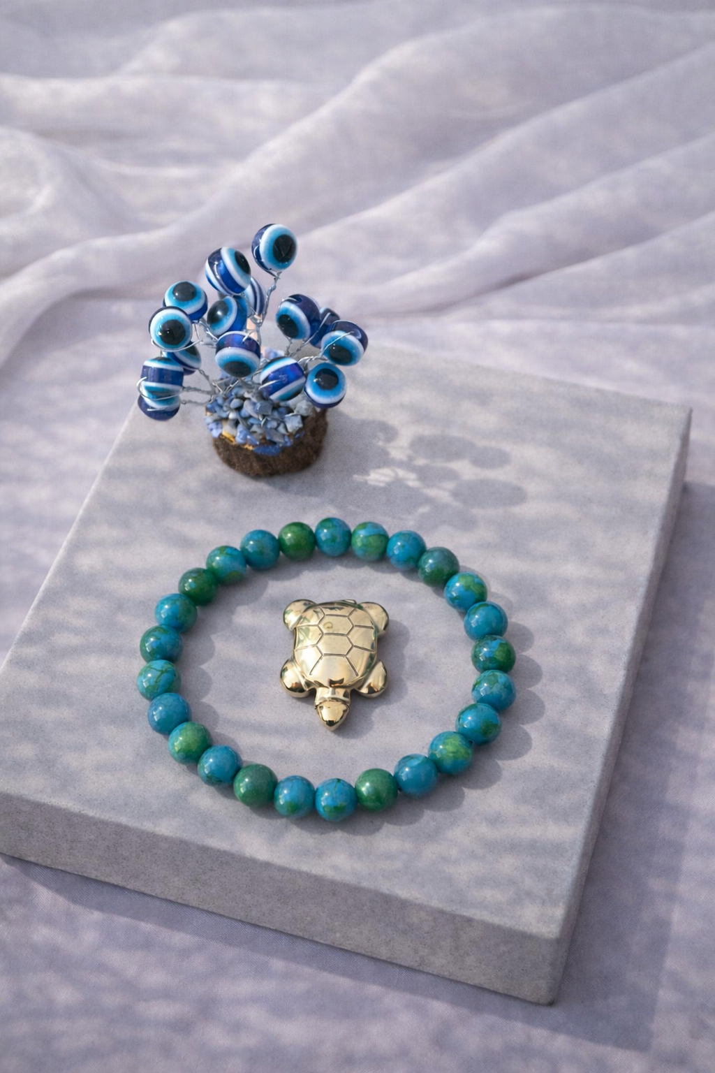 Chrysocolla Harmony Combo Unisex Bracelet with Evil Eye Plant & Pyrite Tortoise 
