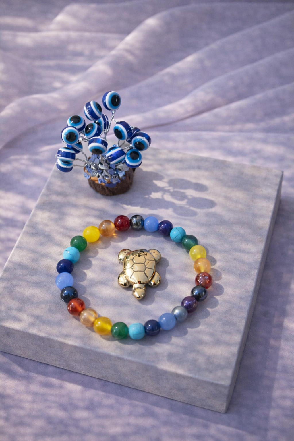 7 Chakra Balance Combo Unisex Bracelet with Evil Eye Plant & Pyrite Tortoise 