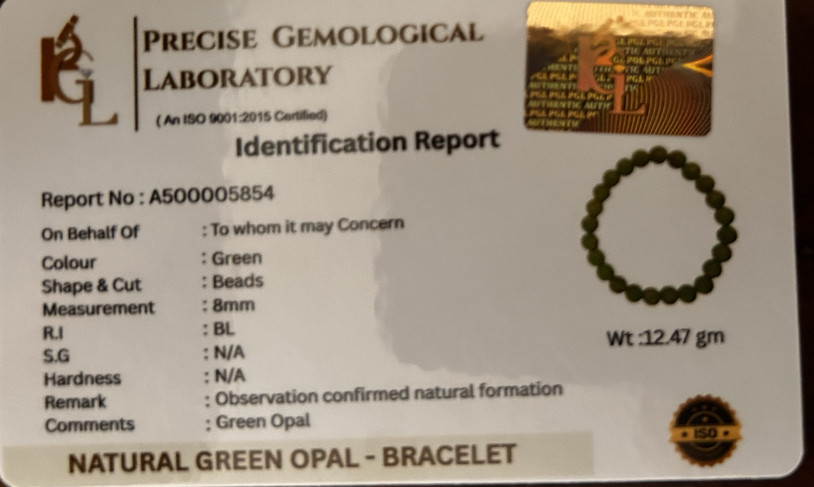 Green Opal Harmony Bracelet | Certificate of Authenticity of Bracelet also included |