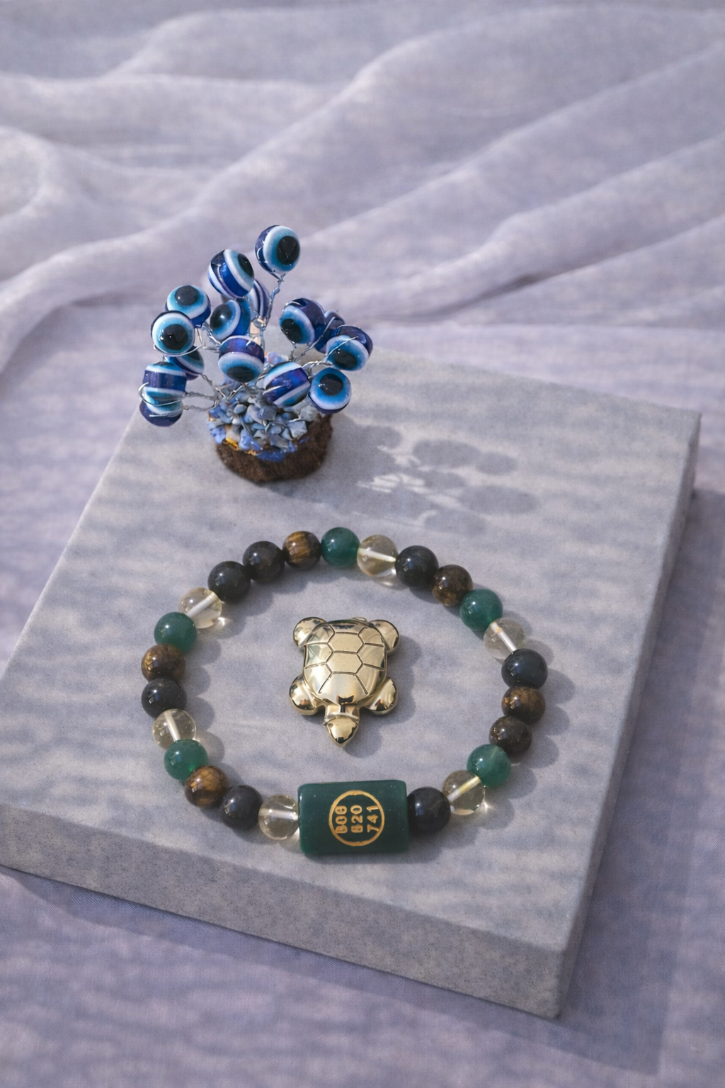 Money Magnet Zibu Combo Unisex Bracelet with Evil Eye Plant & Pyrite Tortoise (Includes Certificate of Bracelet Authenticity)