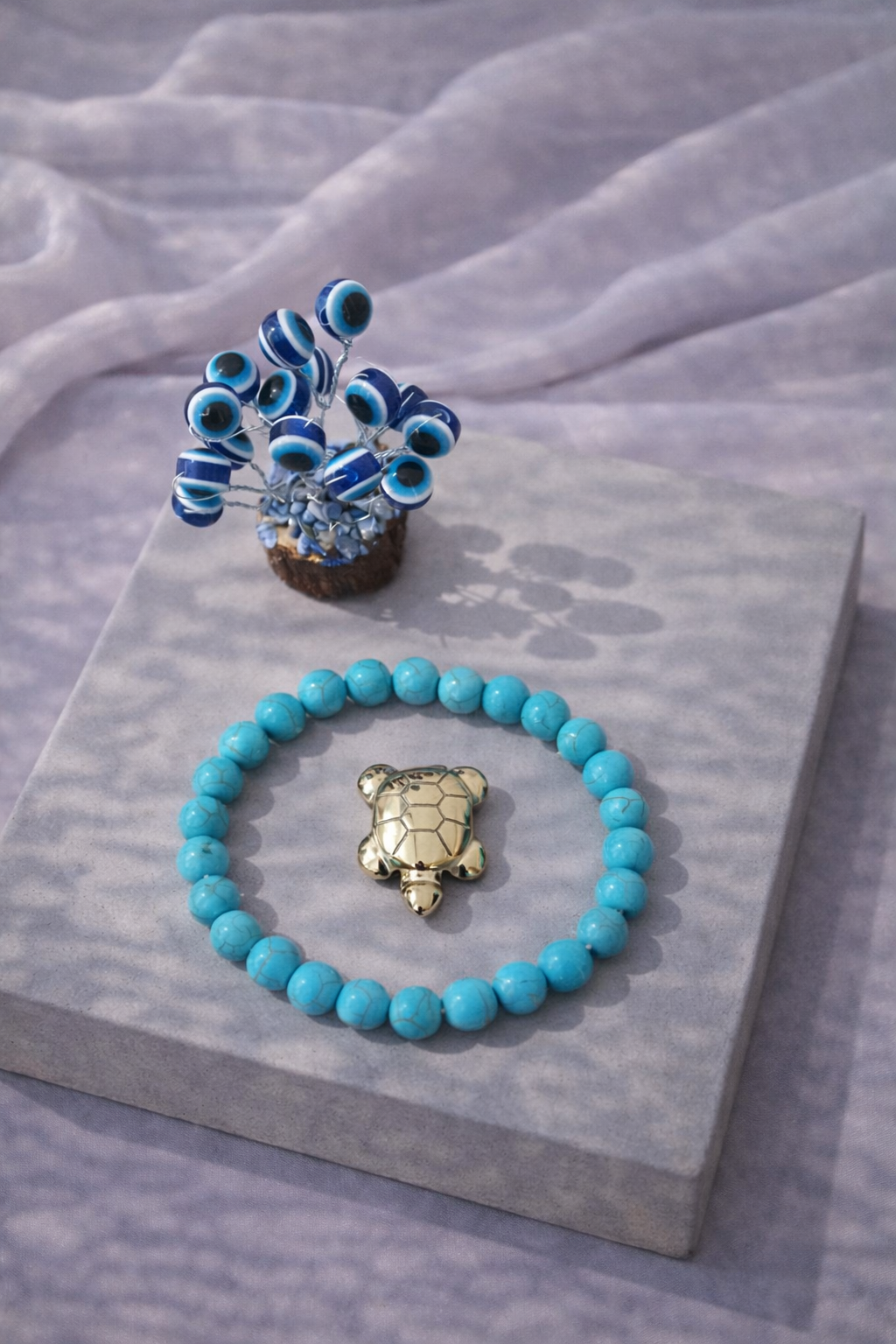 Turquoise Protection Combo Unisex Bracelet with Evil Eye Plant & Pyrite Tortoise 