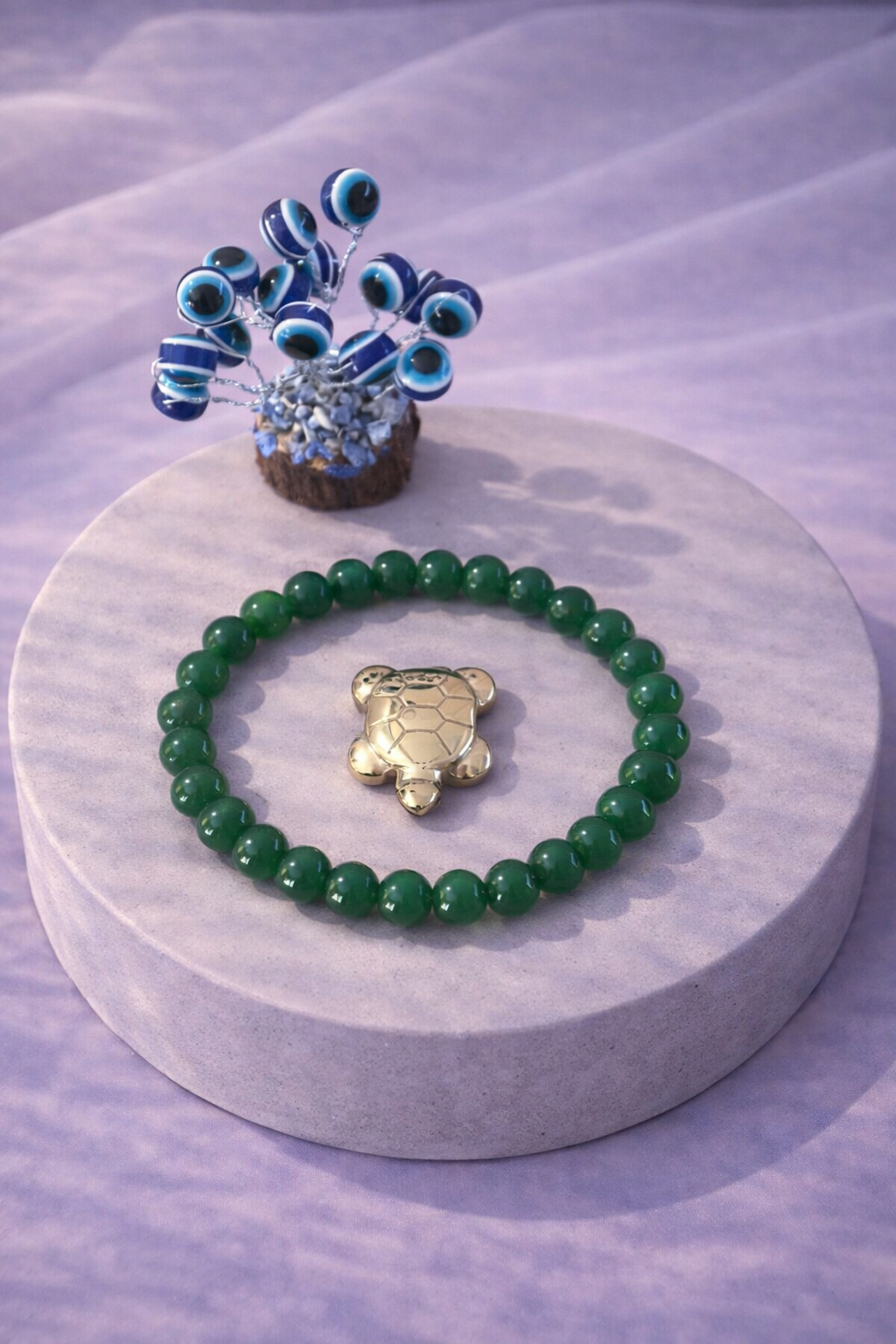 Green Jade Harmony Combo Unisex Bracelet with Evil Eye Plant & Pyrite Tortoise 