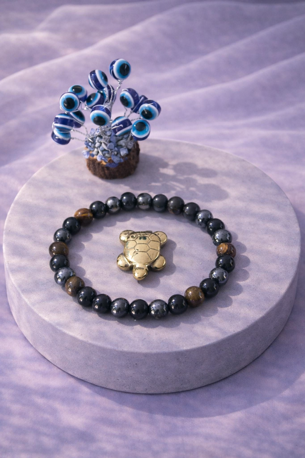 Triple Protection Combo Unisex Bracelet with Evil Eye Plant & Pyrite Tortoise