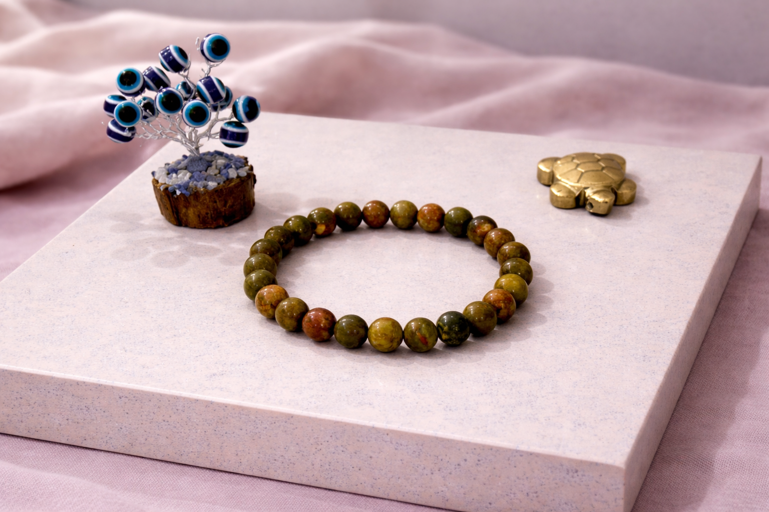 Unakite Healing Bracelet with Evil Eye Plant & Pyrite Tortoise | Certificate of Authenticity of Bracelet also included |