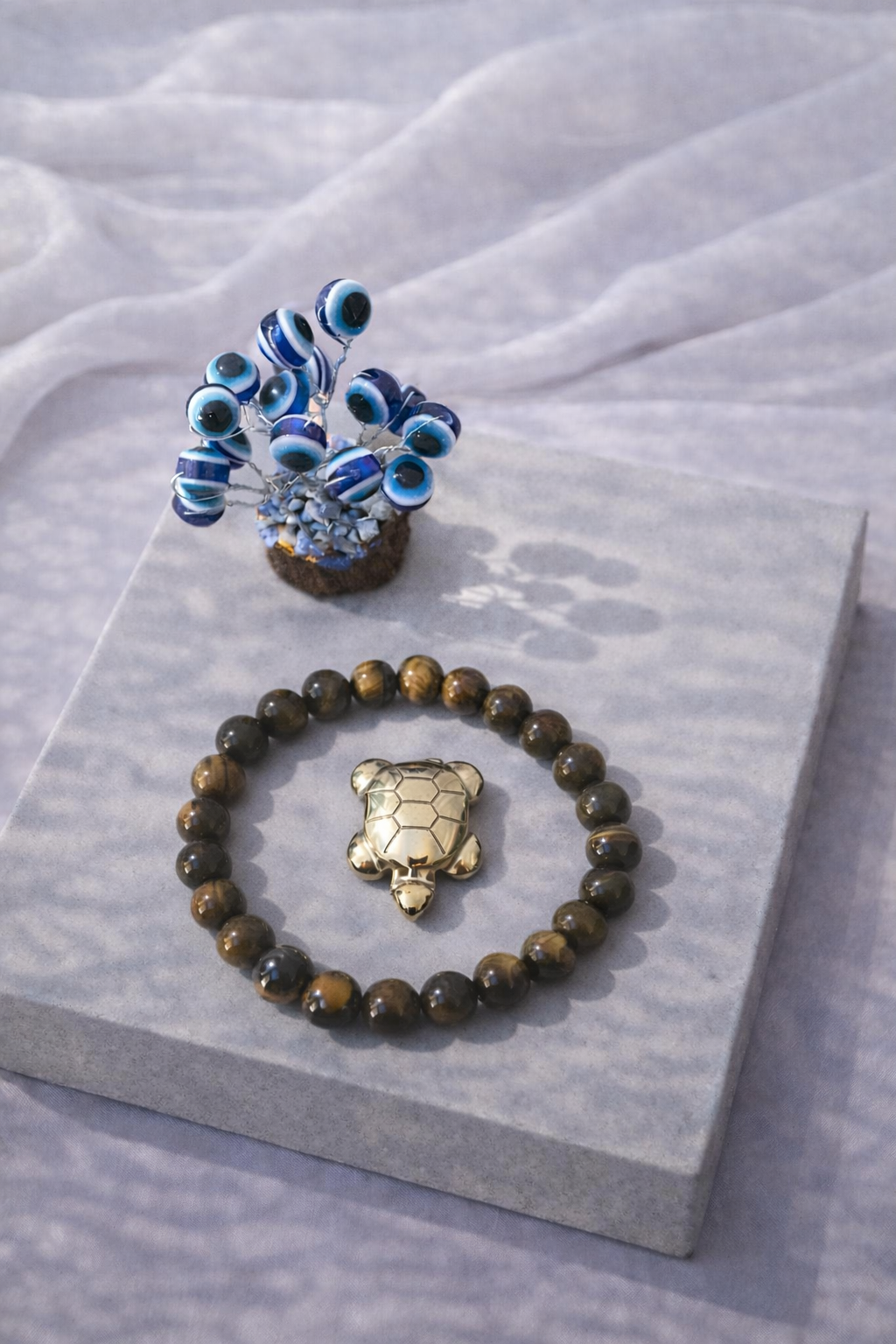 Tiger Eye Confidence Combo Unisex Bracelet with Evil Eye Plant & Pyrite Tortoise 