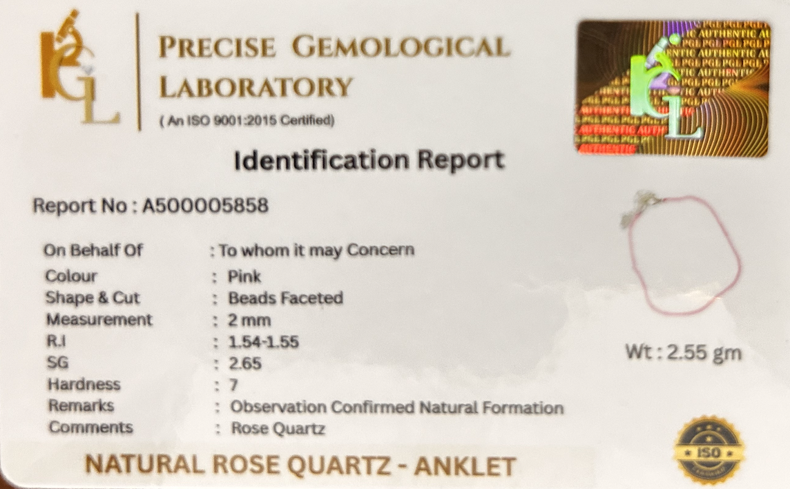 Rose Quartz Love Anklet | Certificate of Authenticity of Anklet also included |