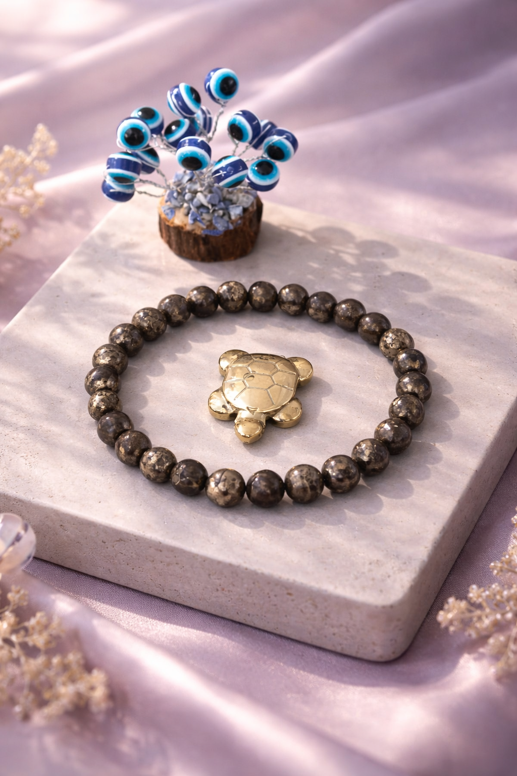 Pyrite Wealth Combo Unisex Bracelet with Evil Eye Plant & Pyrite Tortoise 