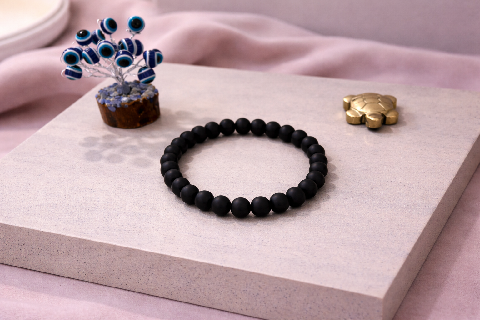 Black Matt Minimal Bracelet with Evil Eye Plant & Pyrite Tortoise | Certificate of Authenticity of Bracelet also included |