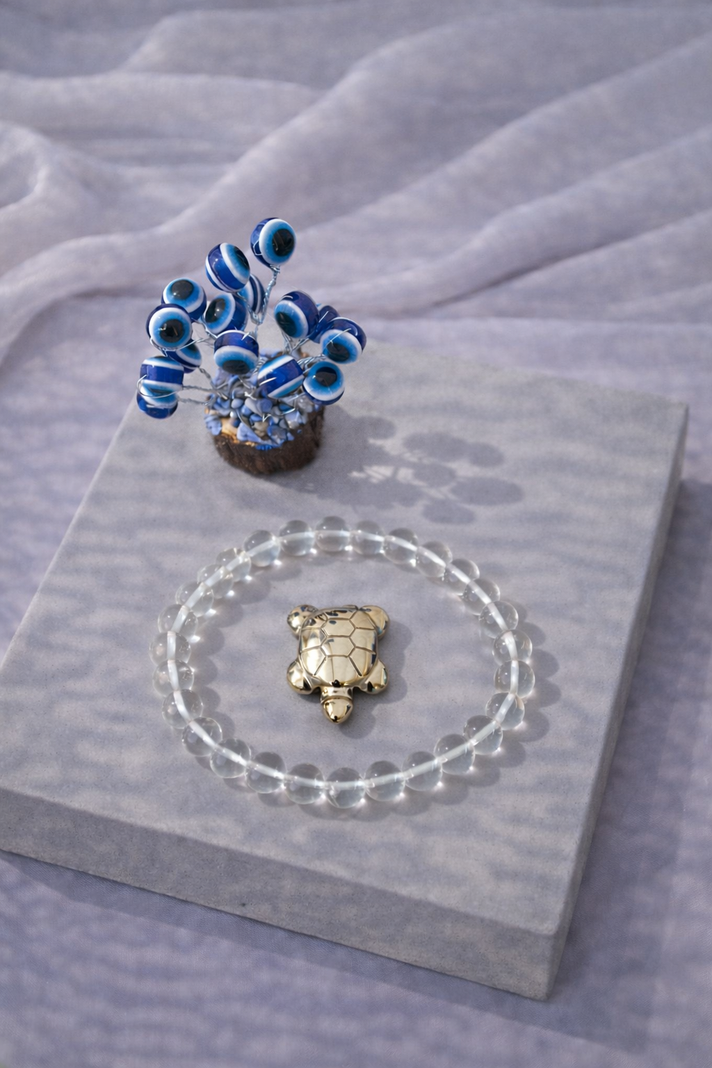 Clear Quartz Focus Combo Unisex Bracelet with Evil Eye Plant & Pyrite Tortoise 