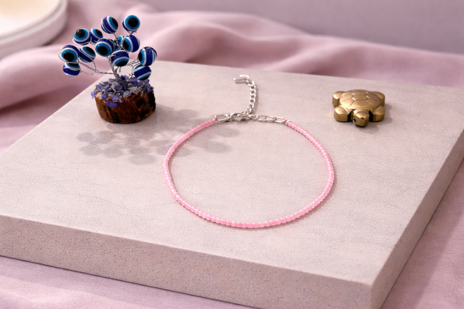 Rose Quartz Love Anklet with Evil Eye Plant & Pyrite Tortoise | Certificate of Authenticity of Anklet also included |