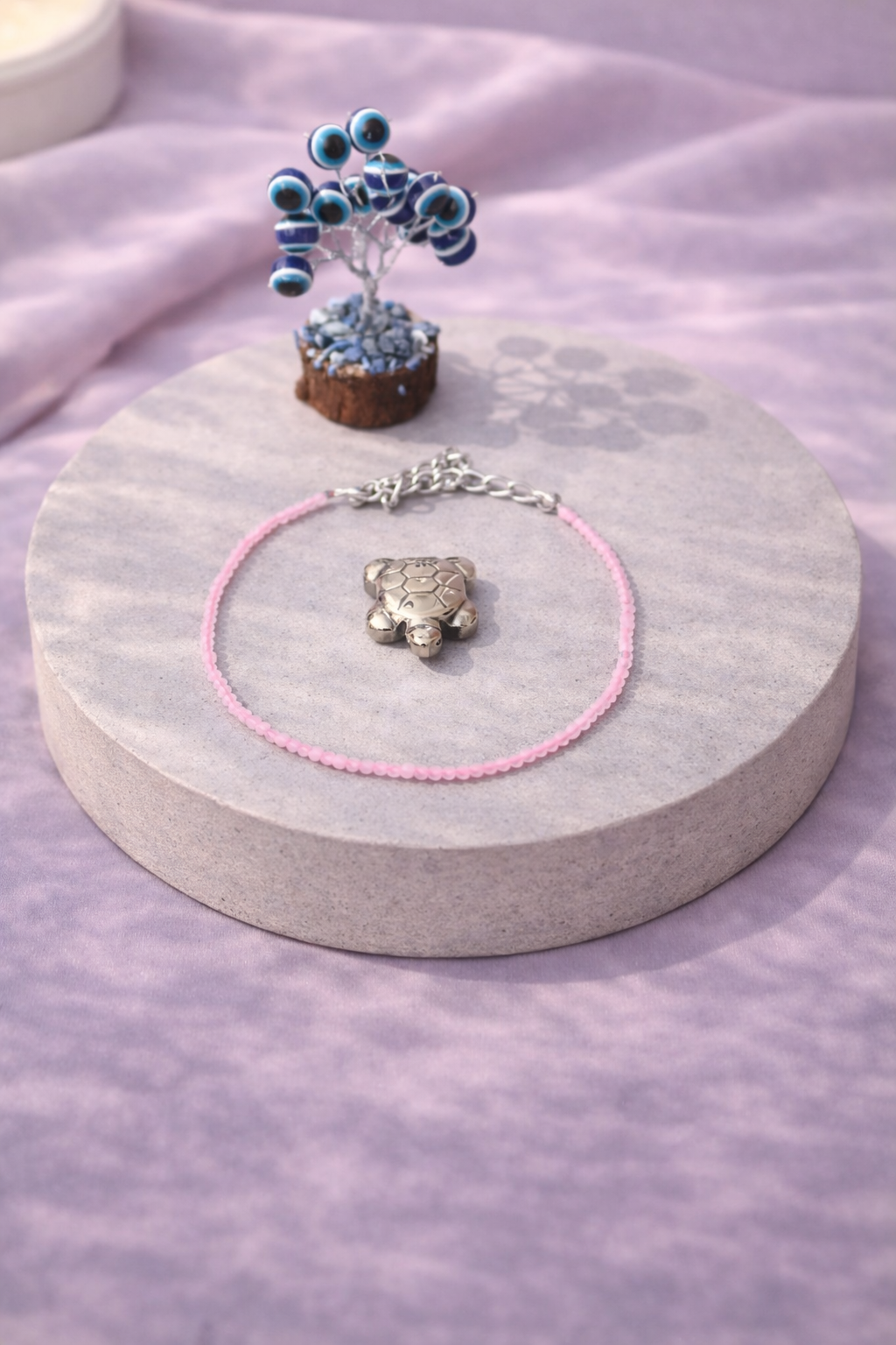 Rose Quartz Love Anklet Combo with Evil Eye Plant & Pyrite Tortoise 
