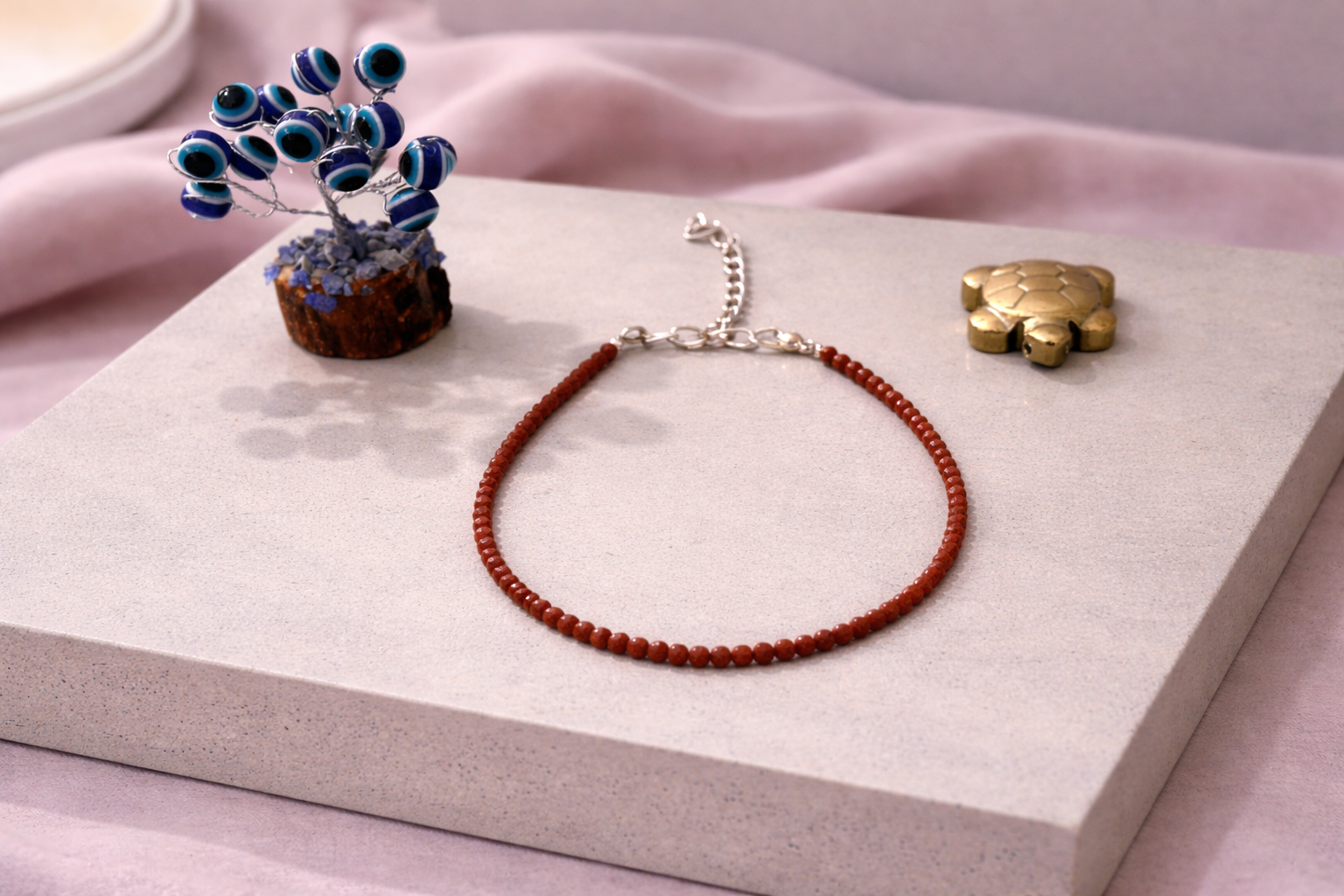 Red Goldstone Energy Anklet with Evil Eye Plant & Pyrite Tortoise | Certificate of Authenticity of Anklet also included |