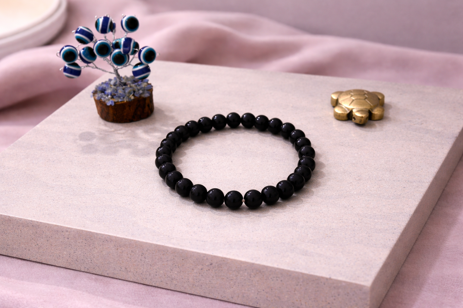 Black Onyx Bracelet with Evil Eye Plant & Pyrite Tortoise | Certificate of Authenticity of Bracelet also included |