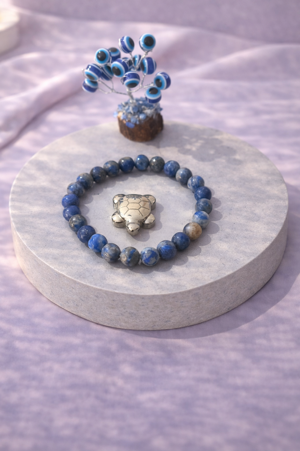 Lapis Lazuli Clarity Combo Unisex Bracelet with Evil Eye Plant & Pyrite Tortoise 
