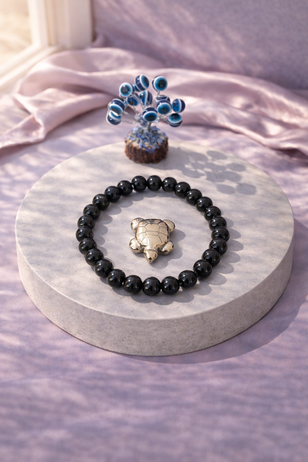 Black Onyx Combo Unisex Bracelet with Evil Eye Plant & Pyrite Tortoise 