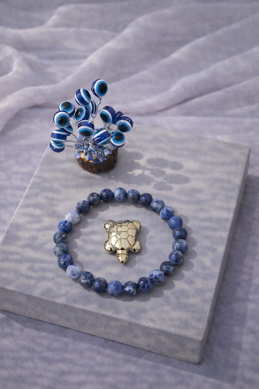 Sodalite Clarity Combo Unisex Bracelet with Evil Eye Plant & Pyrite Tortoise 