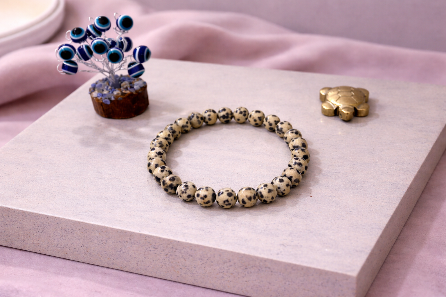 Dalmatian Joy Bracelet with Evil Eye Plant & Pyrite Tortoise | Certificate of Authenticity of Bracelet also included |