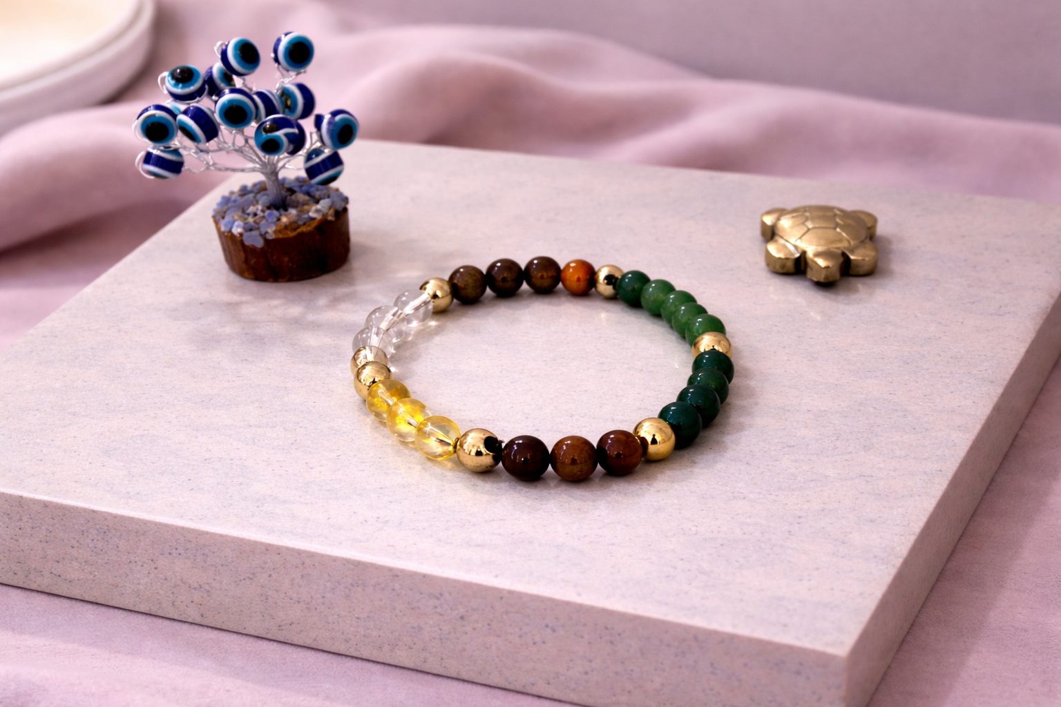 Dhan Yog Wealth Bracelet with Evil Eye Plant & Pyrite Tortoise | Certificate of Authenticity of Bracelet also included |