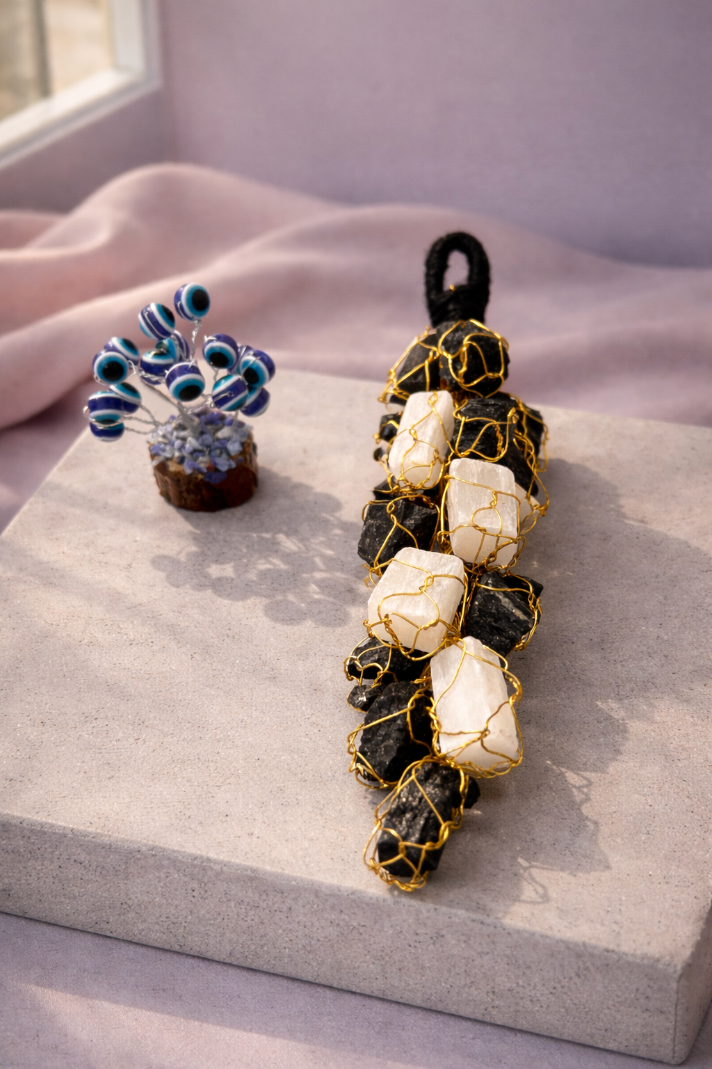 Black Tourmaline Selenite Hanger (Free Evil Eye Plant)