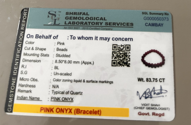 Pink Onyx Bracelet | Certificate of Authenticity of Bracelet also included |