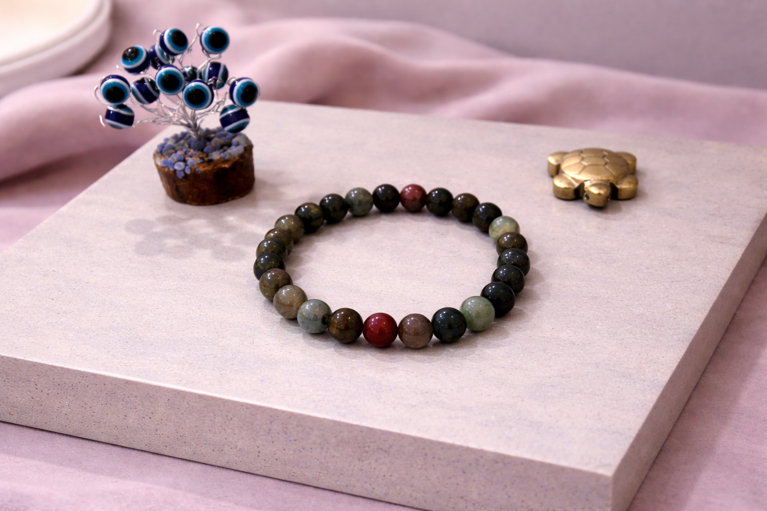 Bloodstone Vitality Bracelet with Evil Eye Plant & Pyrite Tortoise | Certificate of Authenticity of Bracelet also included |