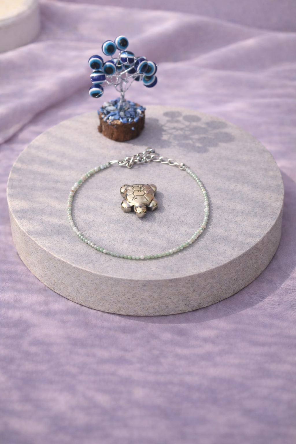 Green Jade Prosperity Anklet Combo with Evil Eye Plant & Pyrite Tortoise 