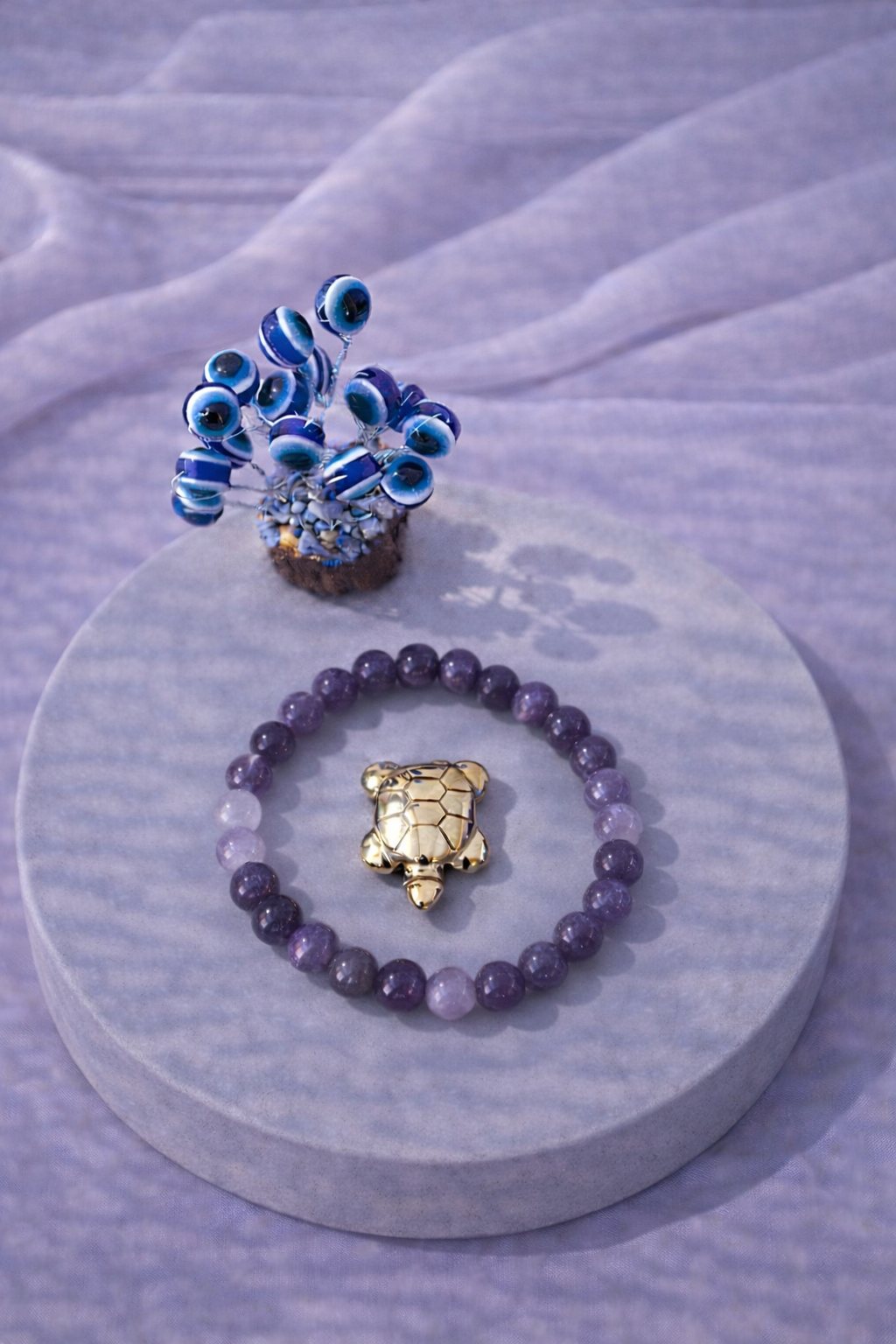Amethyst Peace Bracelet with Evil Eye Plant & Pyrite Tortoise 