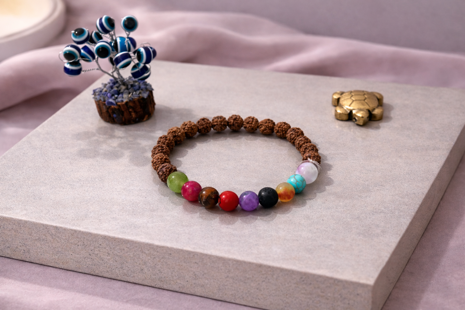 9 Chakra Energy Balance Bracelet with Evil Eye Plant & Pyrite Tortoise | Certificate of Authenticity of Bracelet also included |