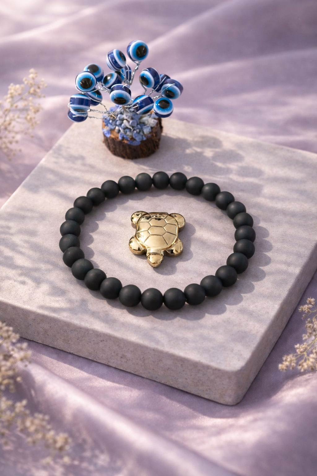Black Matt Minimal Combo Unisex Bracelet with Evil Eye Plant & Pyrite Tortoise 