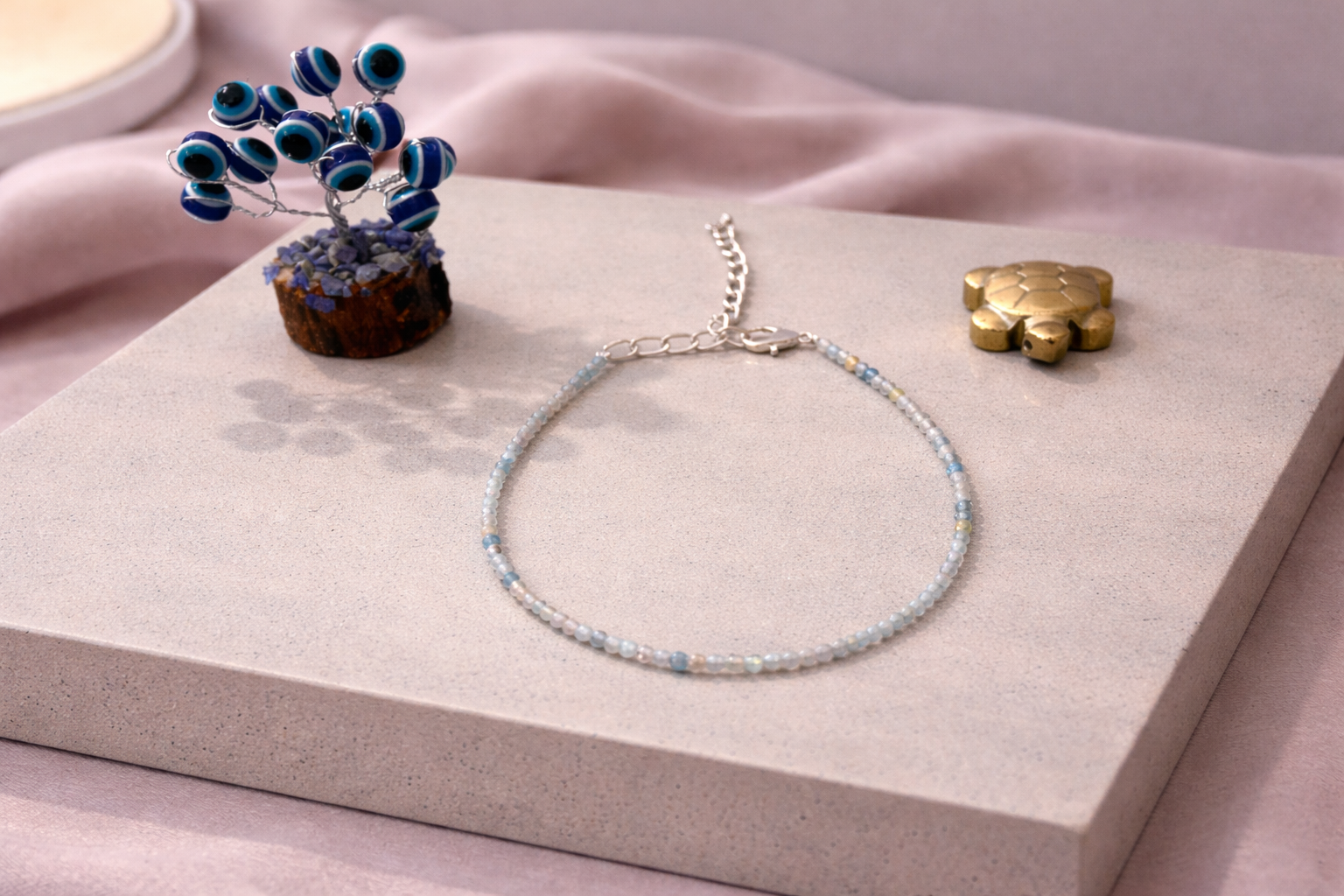 Morganite Love Anklet with Evil Eye Plant & Pyrite Tortoise | Certificate of Authenticity of Anklet also included |