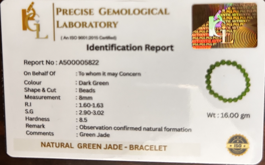 Green Jade Harmony Bracelet | Certificate of Authenticity of Bracelet also included |