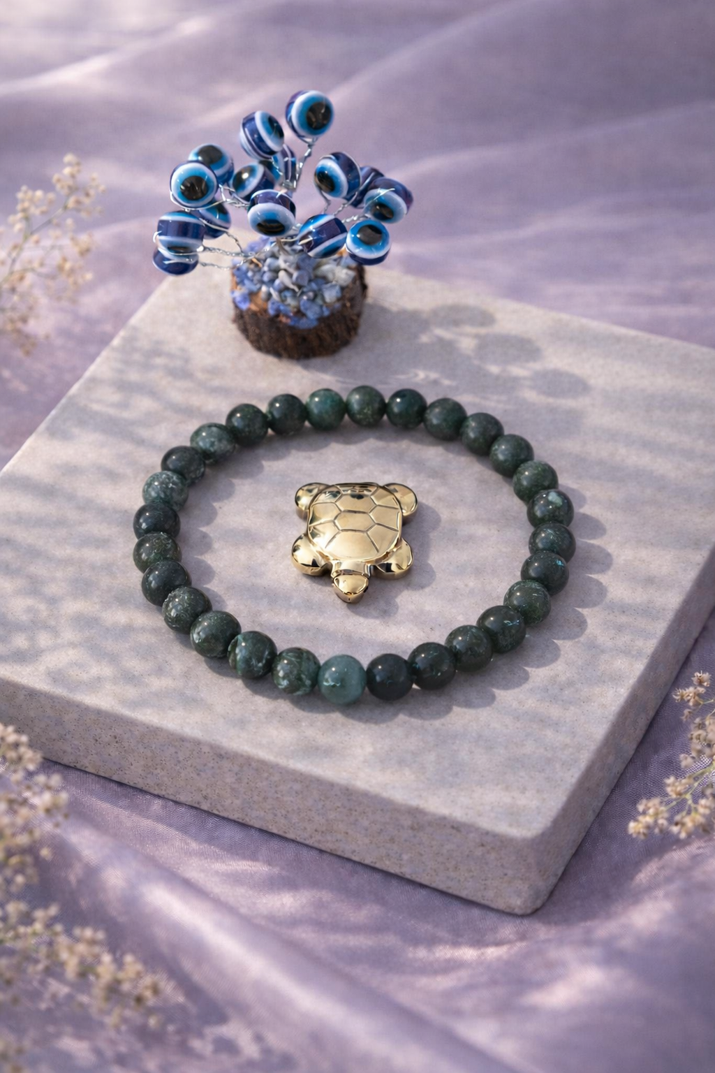 Kambaba Jasper Calm Combo Unisex Bracelet with Evil Eye Plant & Pyrite Tortoise