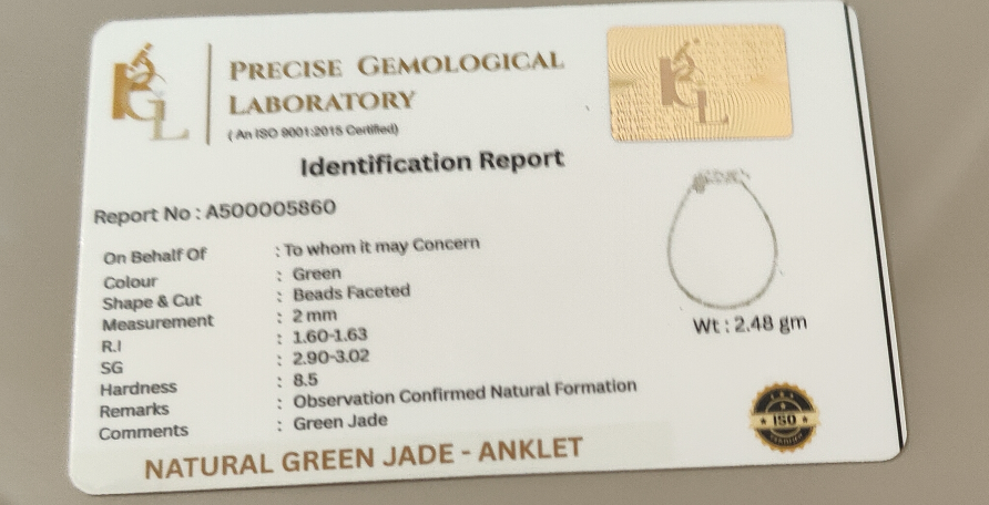 Green Jade Prosperity Anklet | Certificate of Authenticity of Anklet also included |