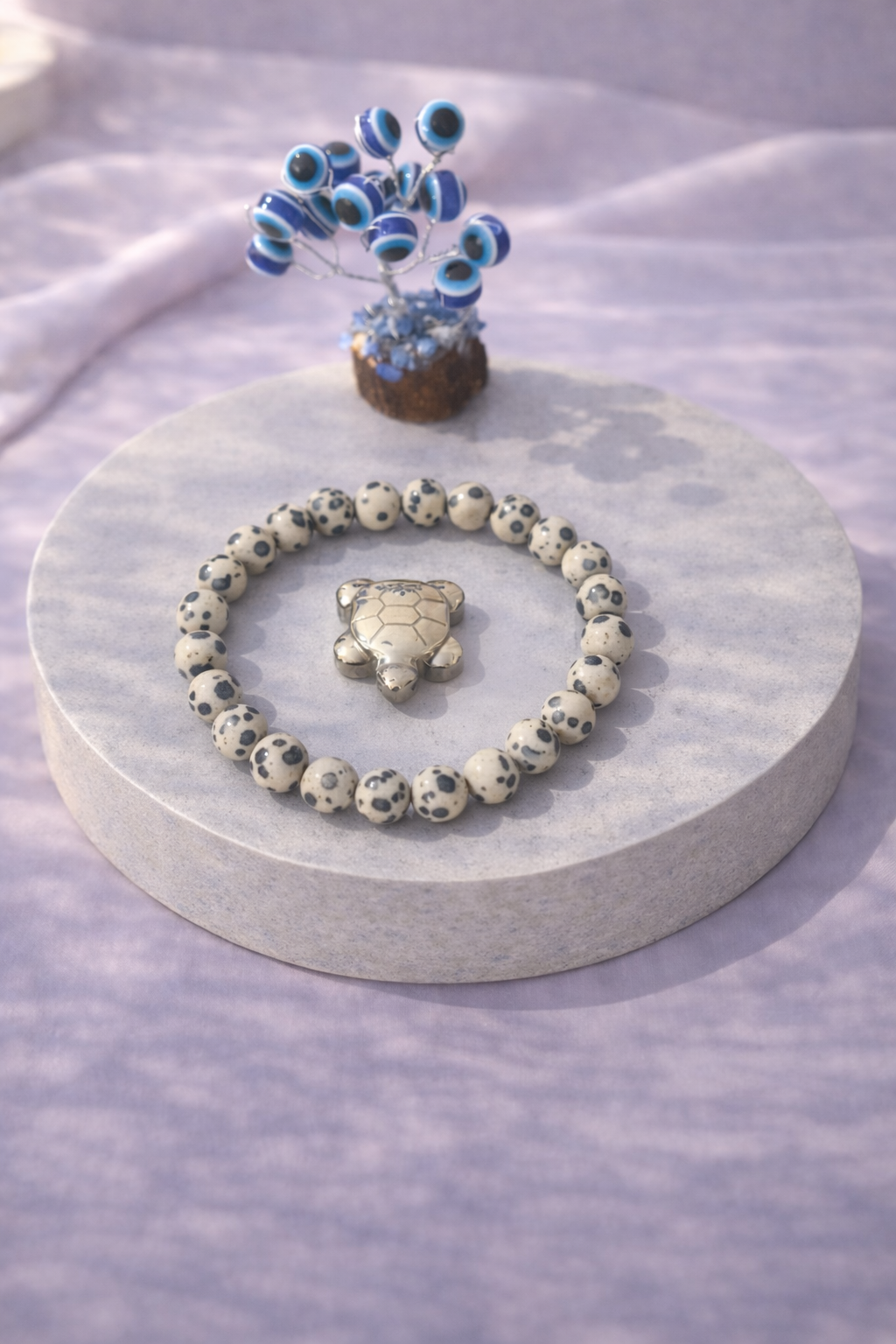 Dalmatian Joy Combo Unisex Bracelet with Evil Eye Plant & Pyrite Tortoise 