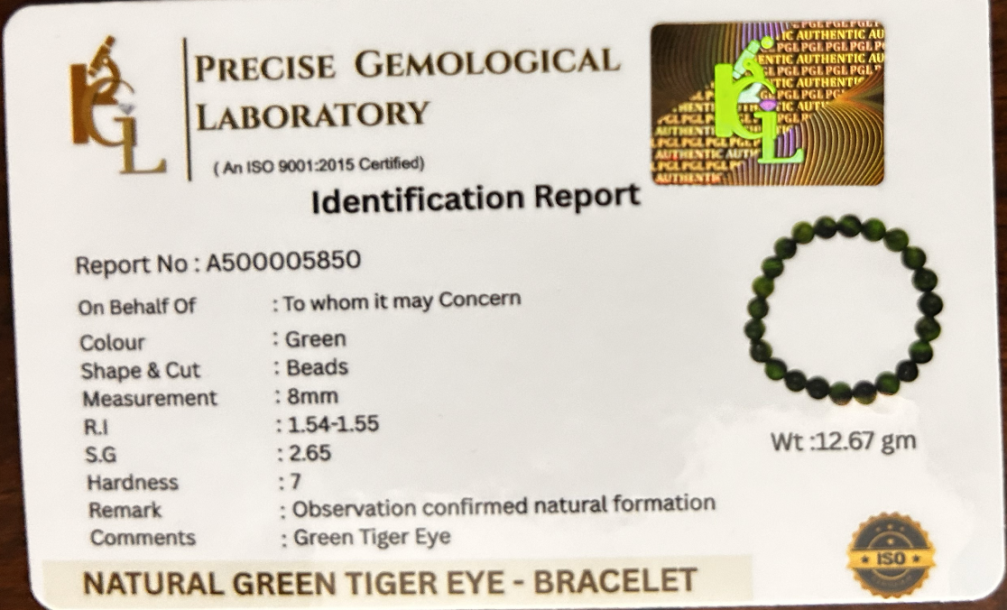 Green Tiger Eye Focus Bracelet | Certificate of Authenticity of Bracelet also included |
