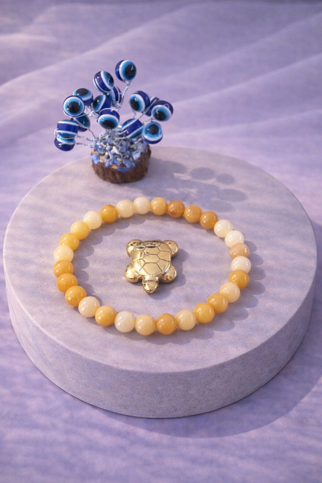 Yellow Aventurine Optimism Combo Unisex Bracelet with Evil Eye Plant & Pyrite Tortoise 