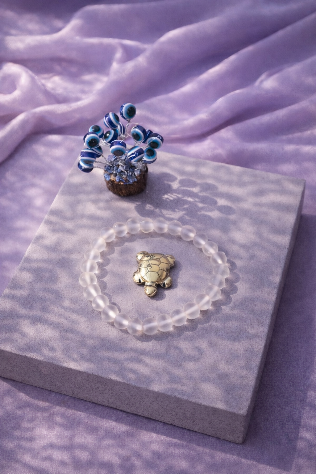 Natural Crystal Mat Combo Unisex Bracelet with Evil Eye Plant & Pyrite Tortoise 