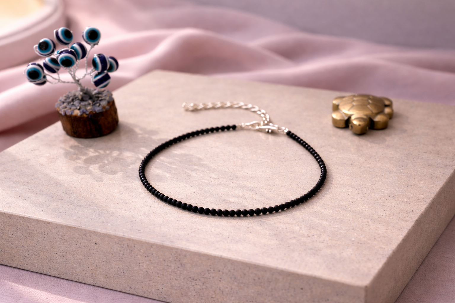 Black Tourmaline Protection Anklet with Evil Eye Plant & Pyrite Tortoise | Certificate of Authenticity of Anklet also included |