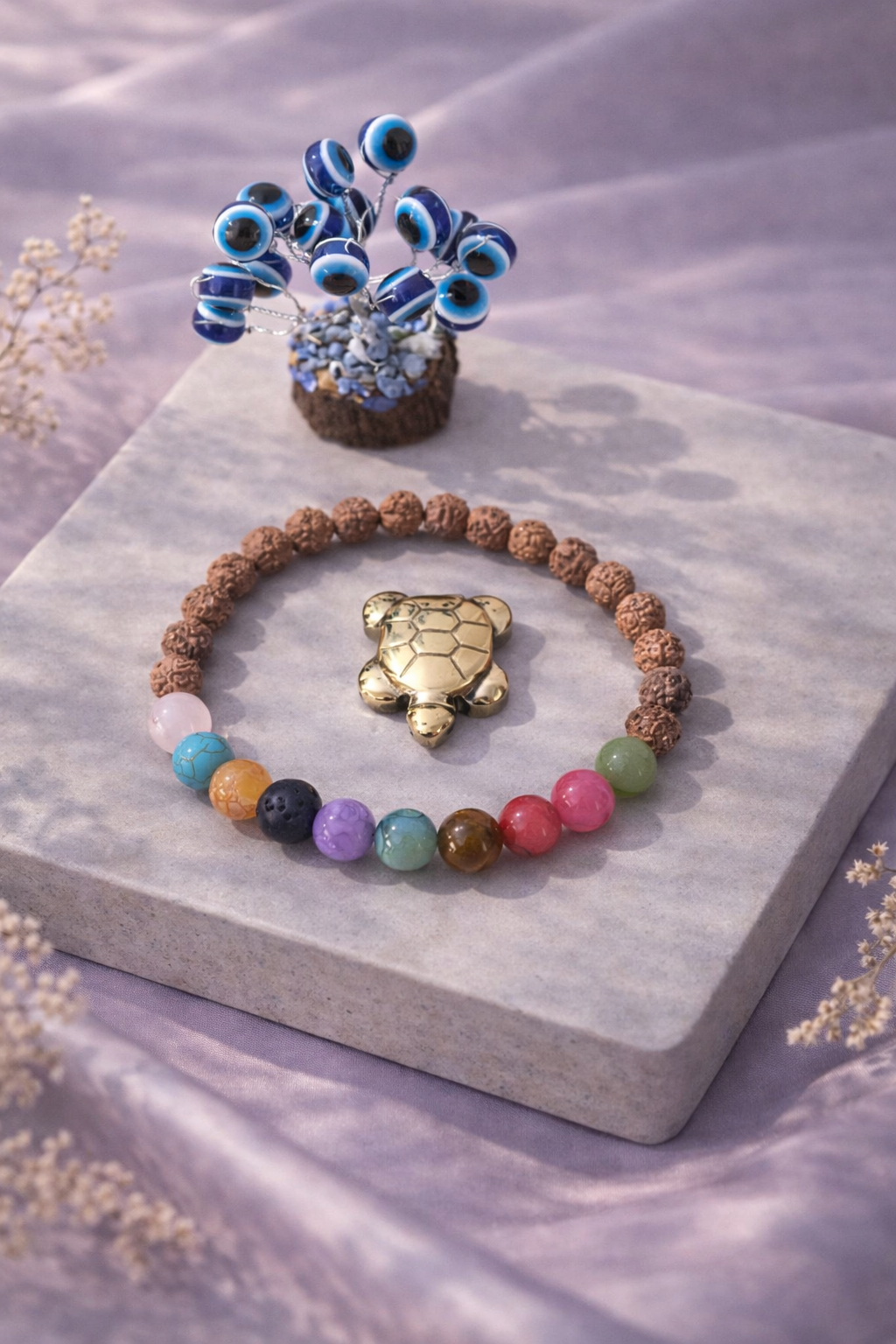 9 Chakra Energy Balance Combo Unisex Bracelet with Evil Eye Plant & Pyrite Tortoise 